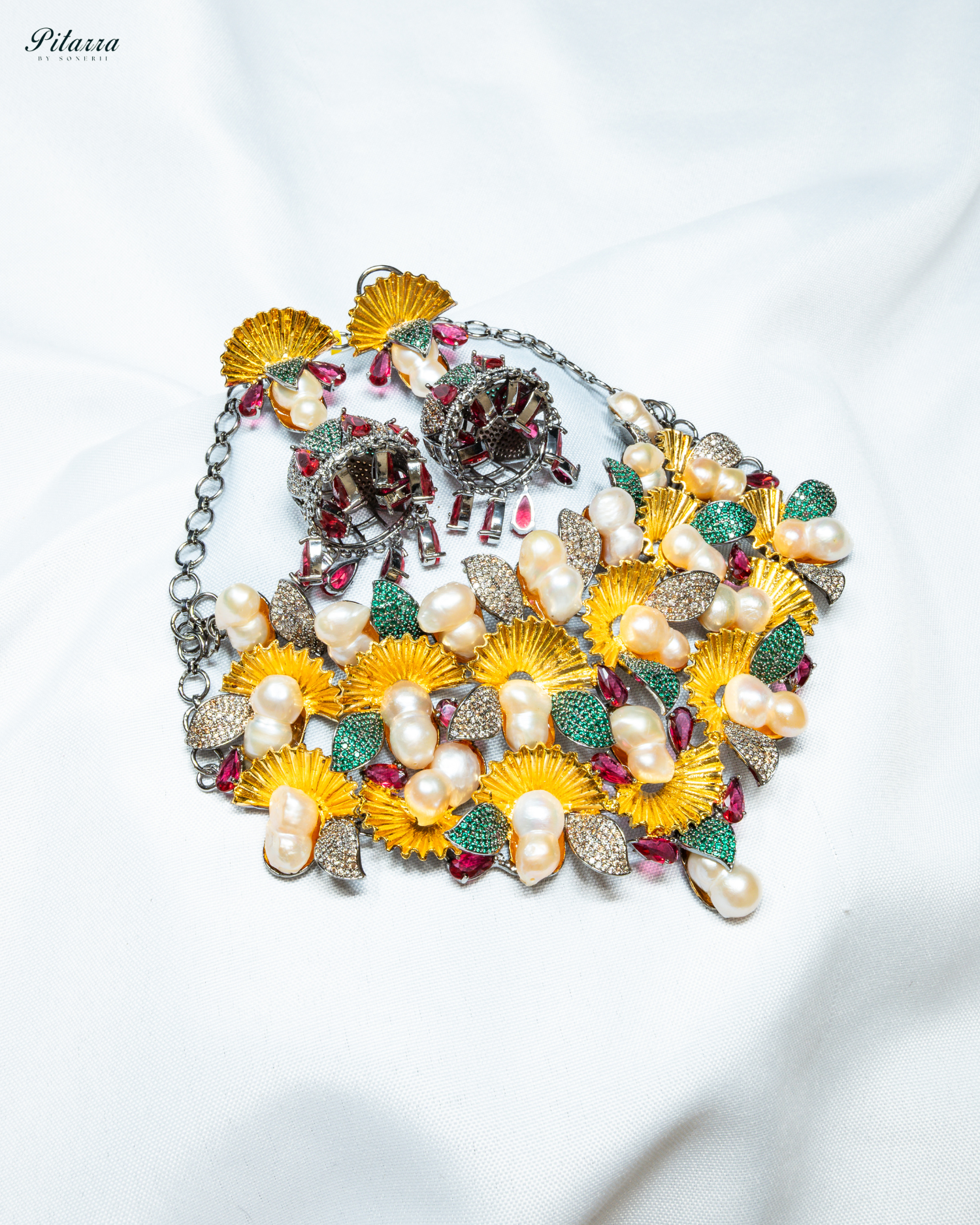 Yellow Floral Peach Pearls Fusion Set_White Background