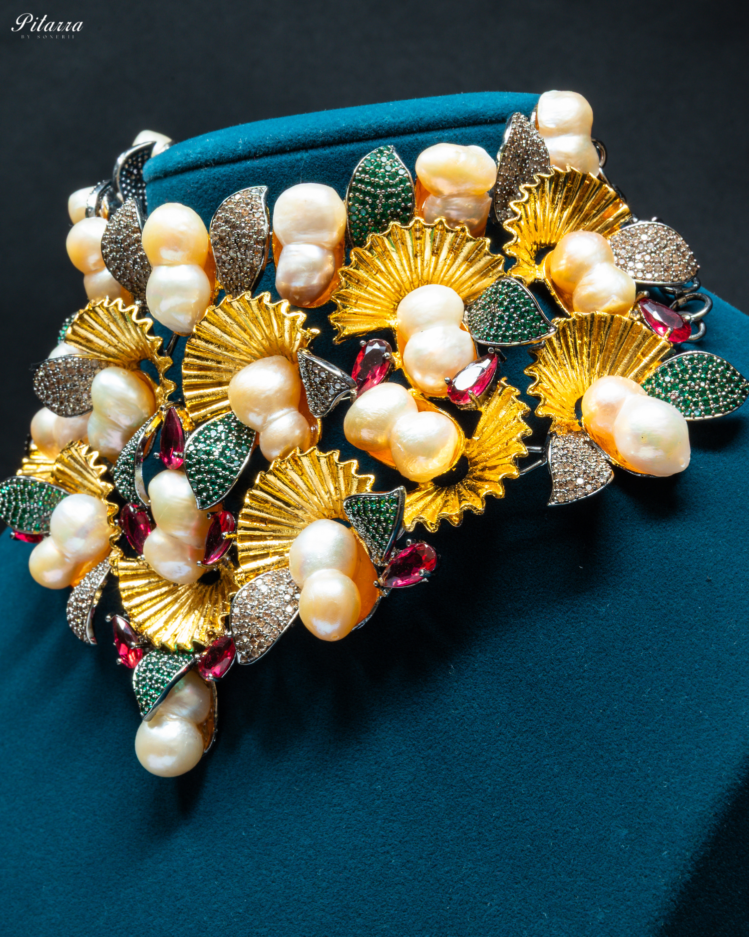 Yellow Floral Peach Pearls Fusion Set_Zoom Angle