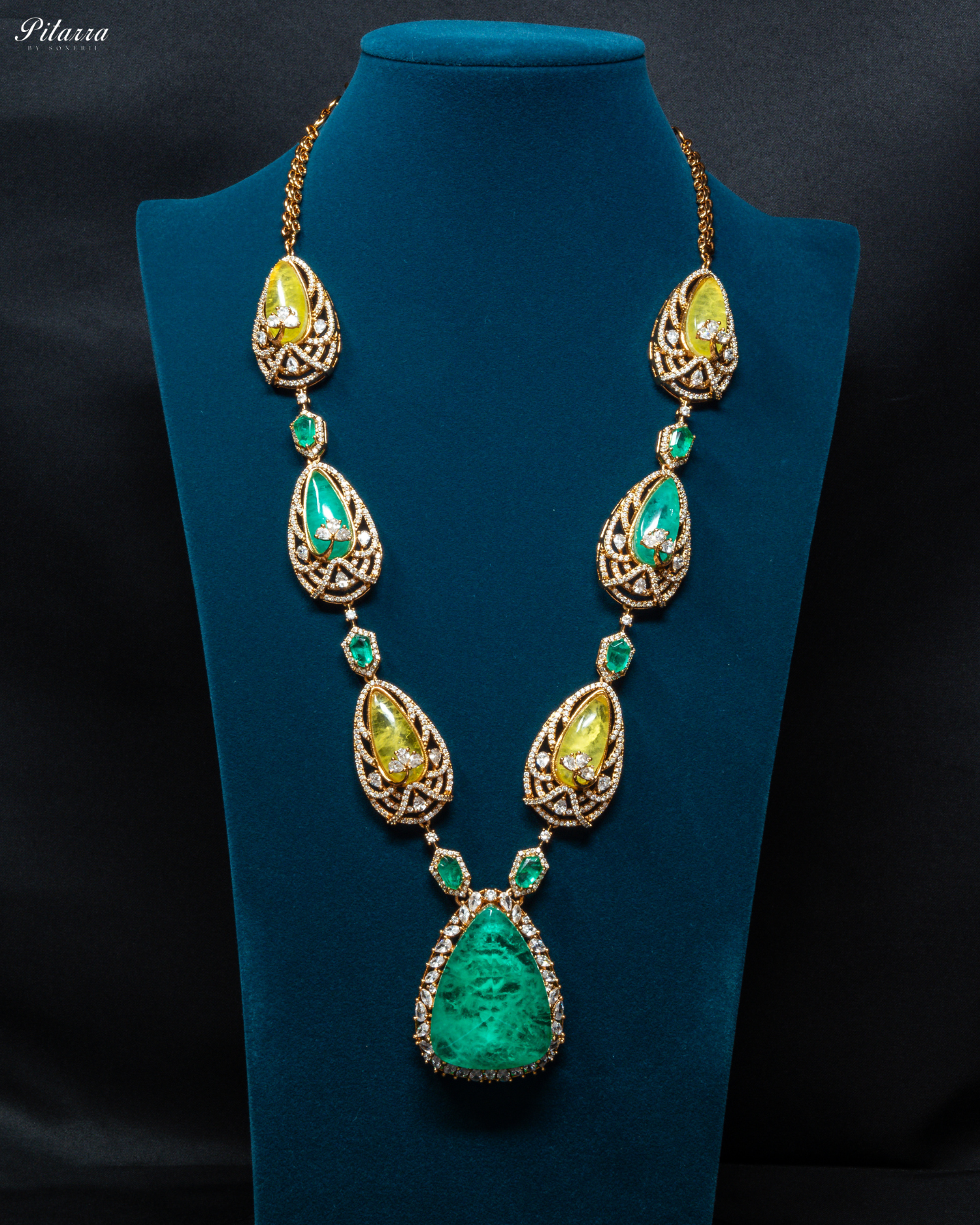Yellow and Green Doublet Stone with CZ Necklace Set_Front Image