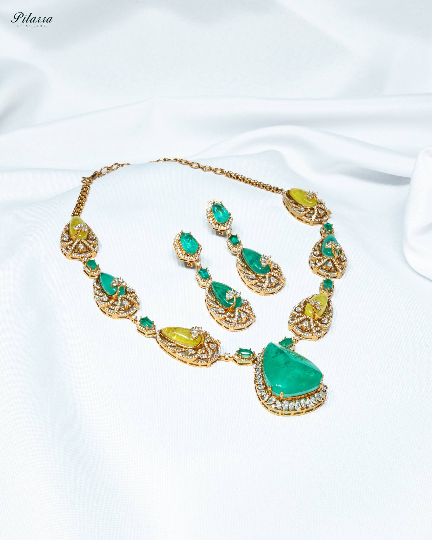 Yellow and Green Doublet Stone with CZ Necklace Set_White Background
