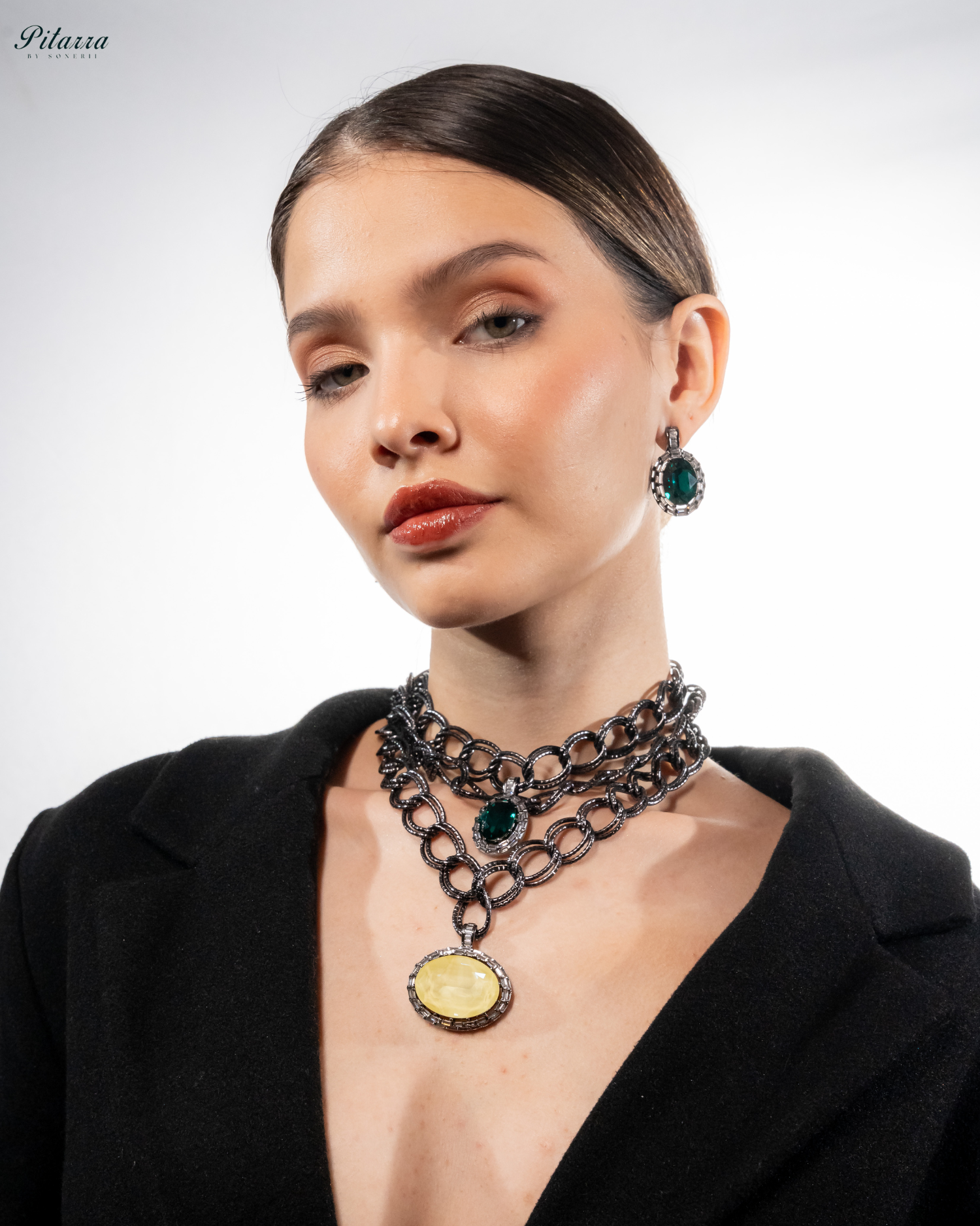 Yellow and Green Statement Pendant Chain Choker_Full Image