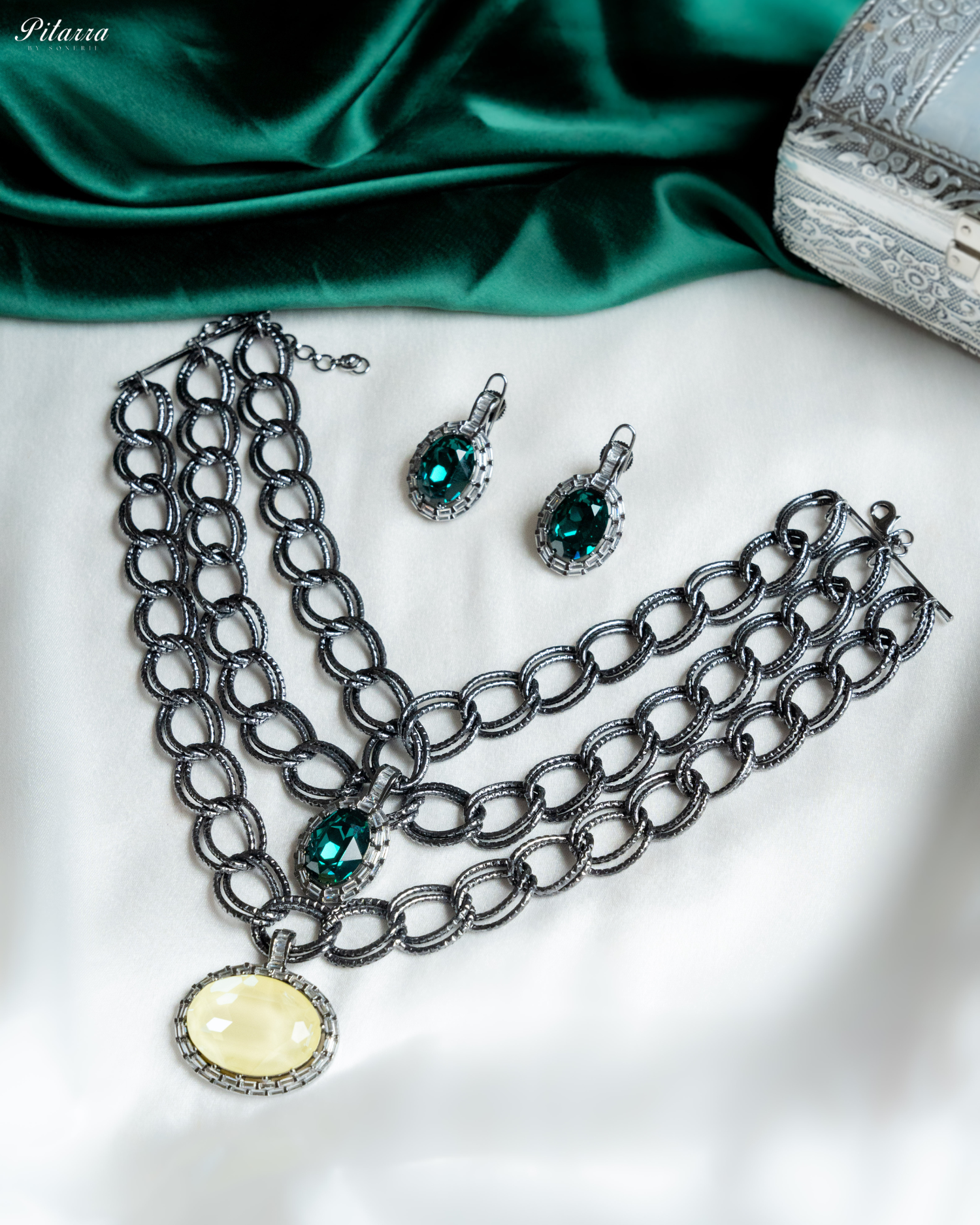 Yellow and Green Statement Pendant Chain Choker_Side Angle