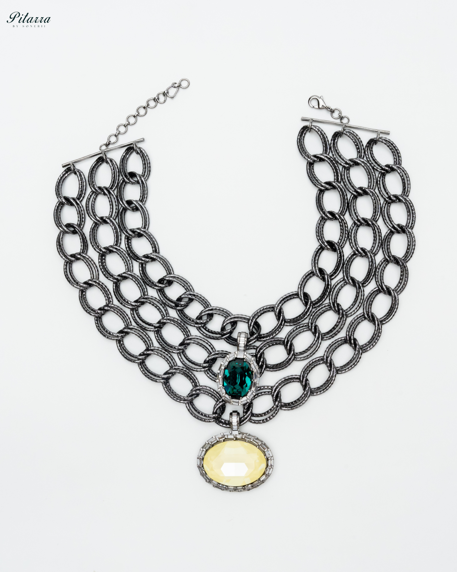 Yellow and Green Statement Pendant Chain Choker_White Background Image