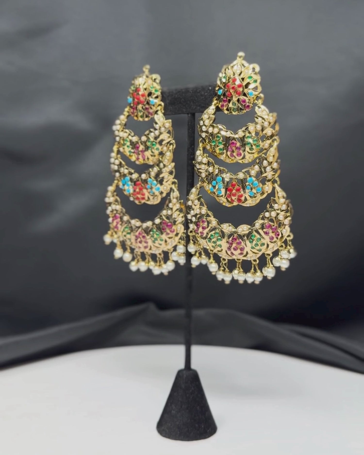 Multicolor Stones Triple Layered Jadau Chandbali Earrings_Video