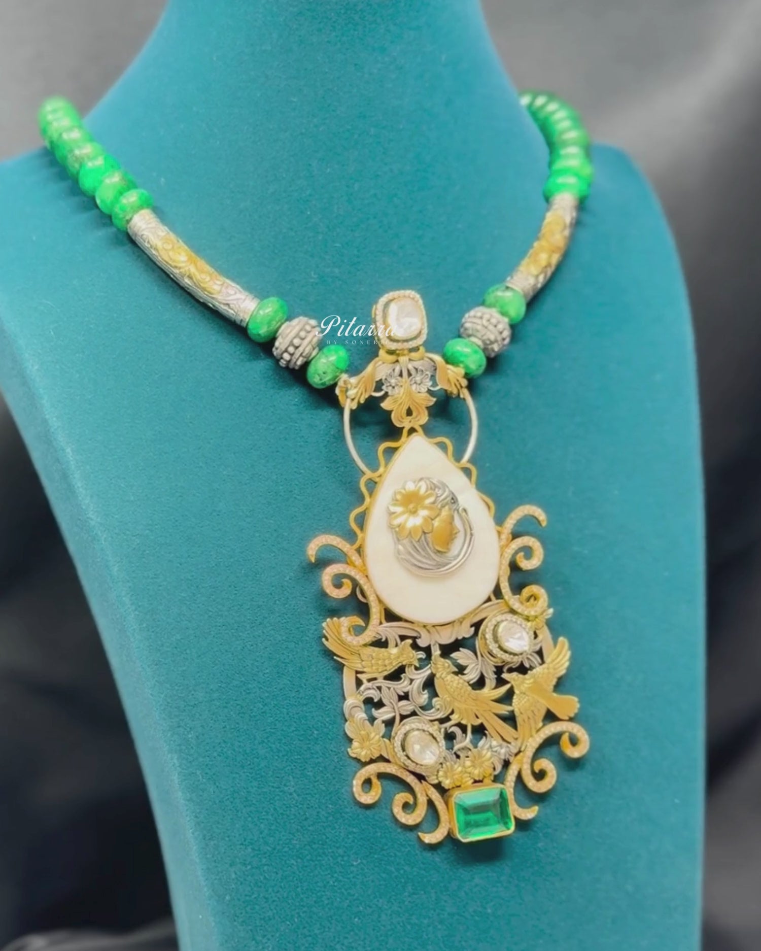 Green Stone Long 92.5 Silver Necklace Set - Video