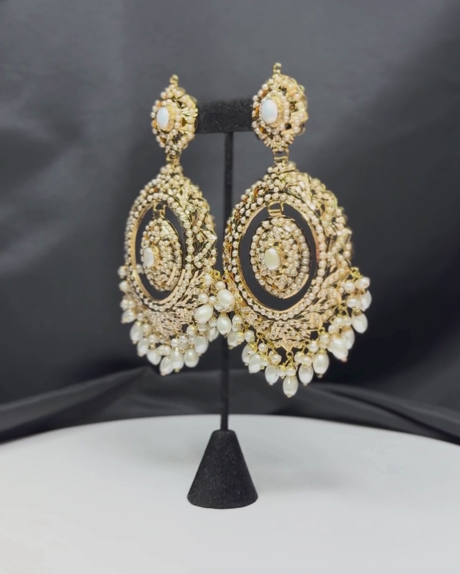 White Heritage Drop Beads Jadau Chandbali Earrings_Video