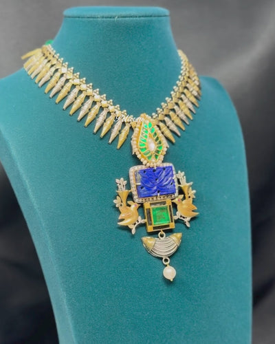 Two Tone Blue Stone 92.5 Silver necklace Set - Video