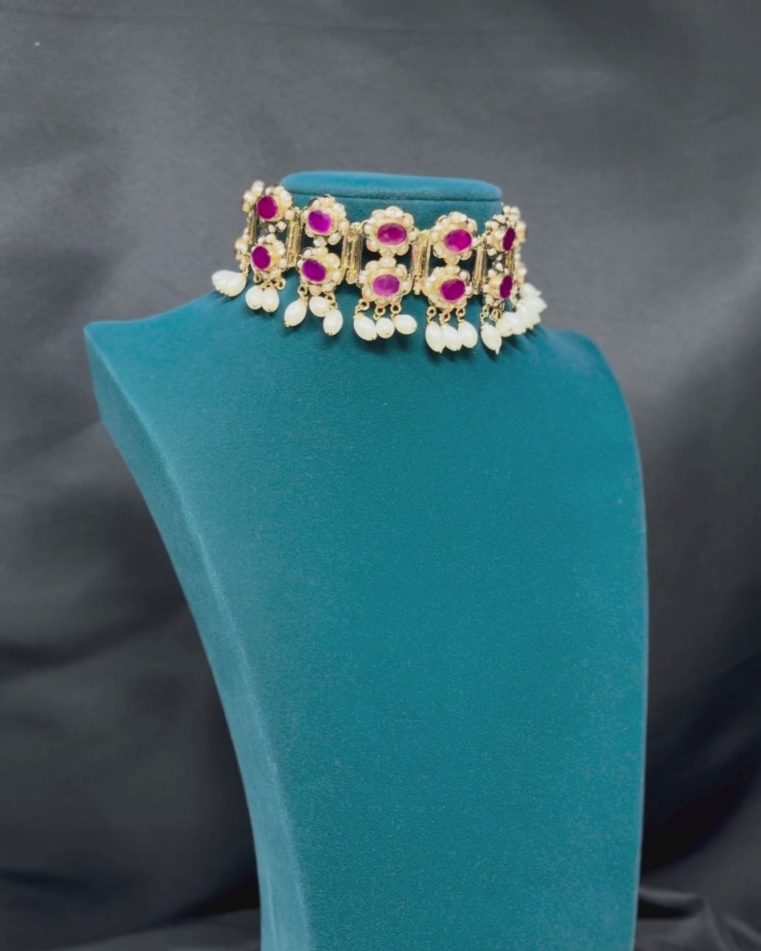 Red Stones Pearls Jadau Choker Necklace Set_Video